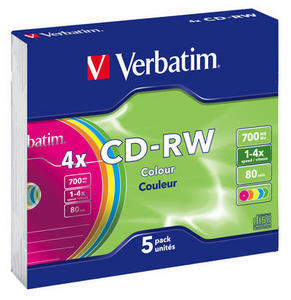 Диск CD-RW Verbatim 700Mb 2х-4x DataLife+ Slim Color (5шт) 43133